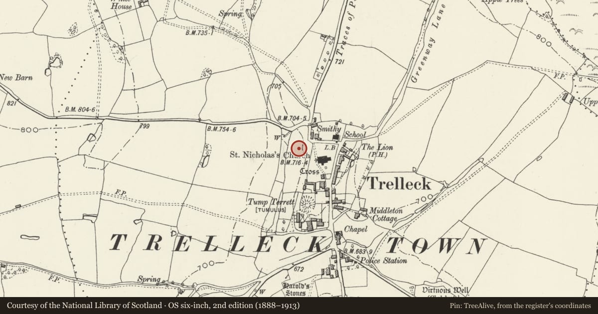 Ordnance Survey six-inch map, 2nd edition (1888–1913) covering the location of Medieval House Sites W of Trellech Church, Trellech United, Monmouthshire, with a pin at the register's coordinates