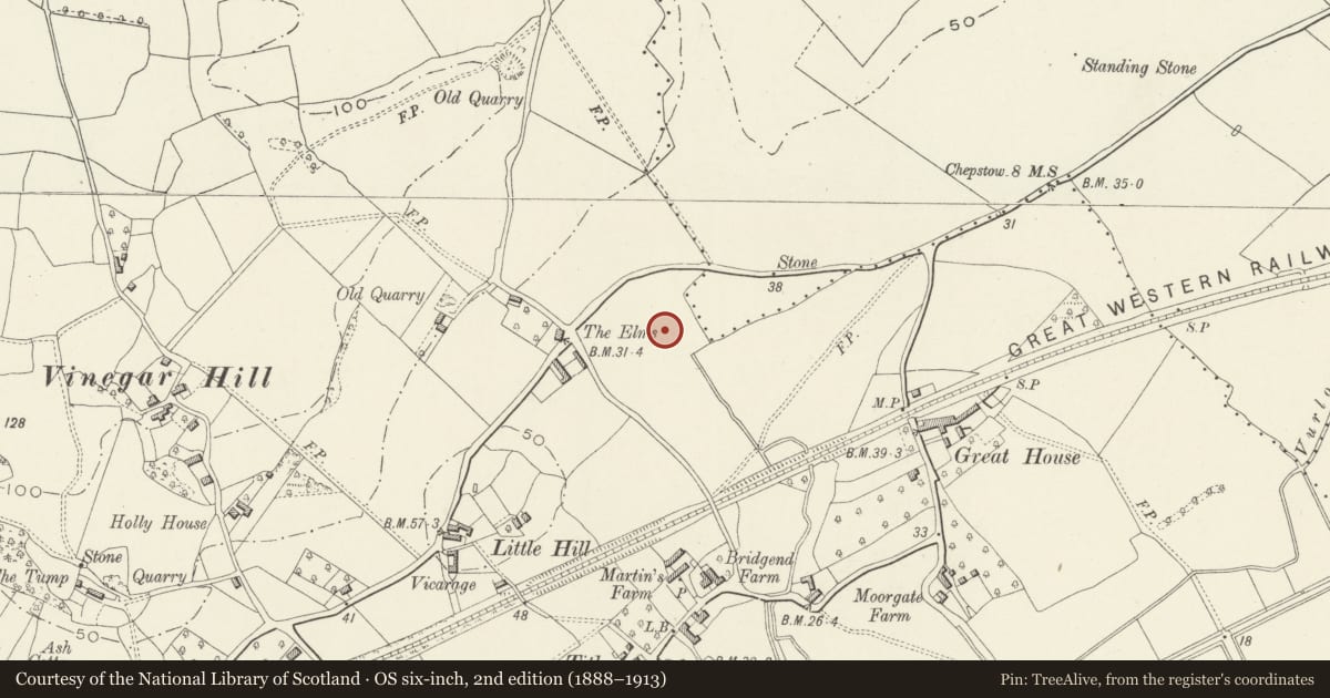 Ordnance Survey six-inch map, 2nd edition (1888–1913) covering the location of Medieval Moated Site 400m N of Undy Church, Magor with Undy, Monmouthshire, with a pin at the register's coordinates