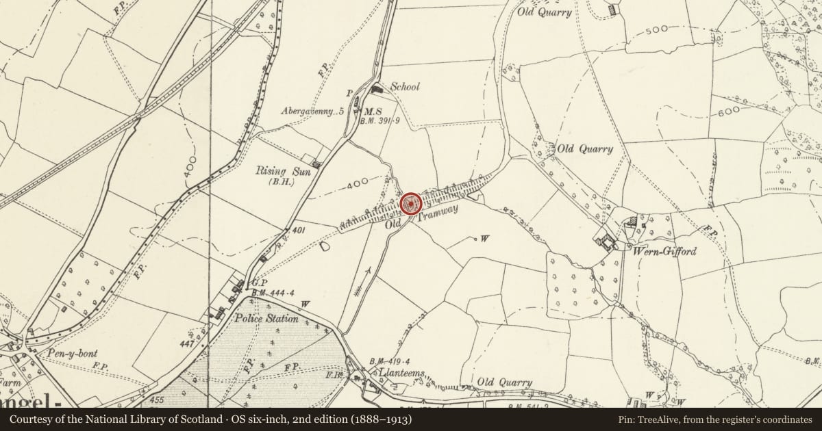 Ordnance Survey six-inch map, 2nd edition (1888–1913) covering the location of Tramway Embankment of Grosmont Railway, Crucorney, Monmouthshire, with a pin at the register's coordinates