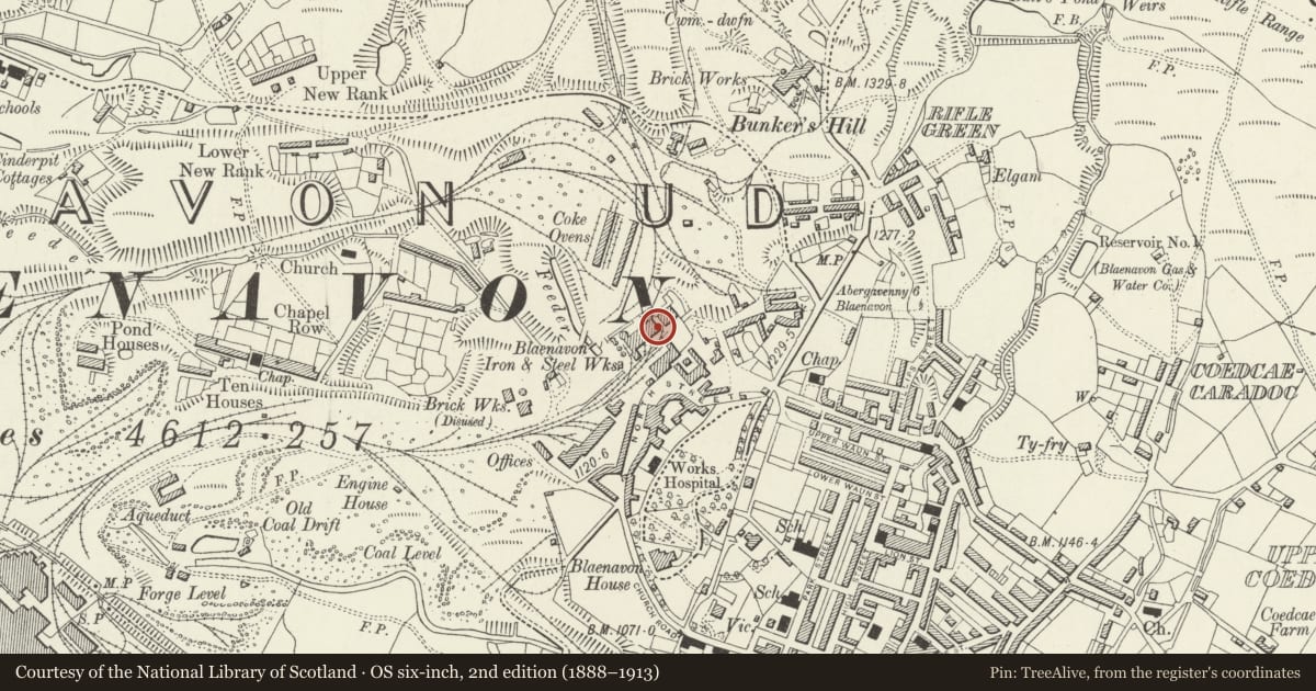 Ordnance Survey six-inch map, 2nd edition (1888–1913) covering the location of Blaenafon Ironworks, Blaenavon, Torfaen, with a pin at the register's coordinates