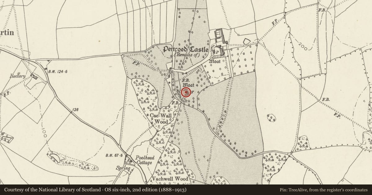 Ordnance Survey six-inch map, 2nd edition (1888–1913) covering the location of Moated Site 250m SW of Pencoed Castle, Langstone, Newport, with a pin at the register's coordinates