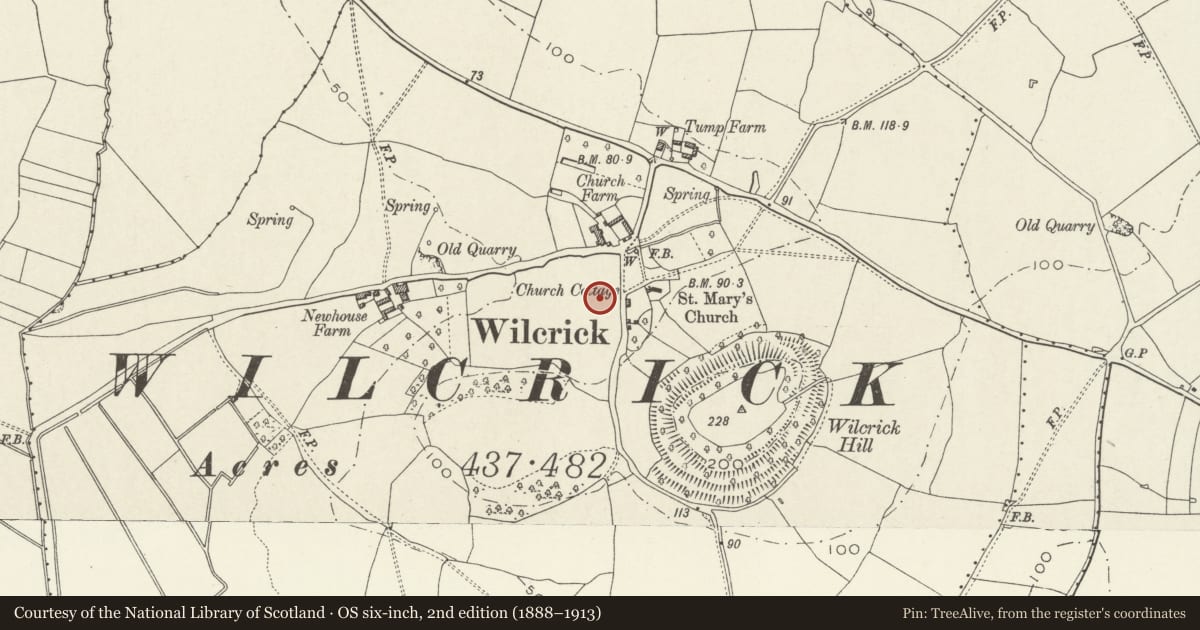 Ordnance Survey six-inch map, 2nd edition (1888–1913) covering the location of Deserted Medieval Village W of St Mary's Church, Bishton, Newport, with a pin at the register's coordinates
