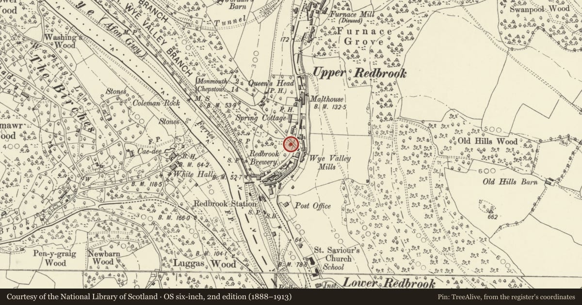 Ordnance Survey six-inch map, 2nd edition (1888–1913) covering the location of Redbrook Incline Overbridge, Monmouth, Monmouthshire, with a pin at the register's coordinates