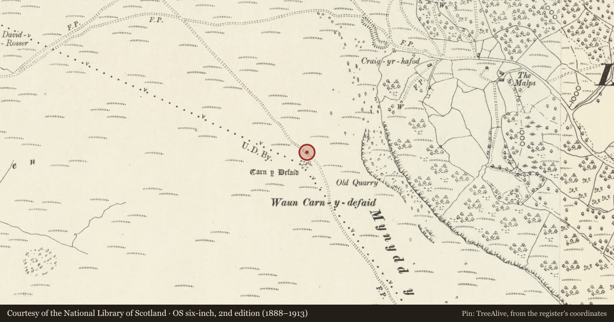 Ordnance Survey six-inch map, 2nd edition (1888–1913) covering the location of Carn-y-Defaid Round Cairns, Blaenavon, Monmouthshire, with a pin at the register's coordinates