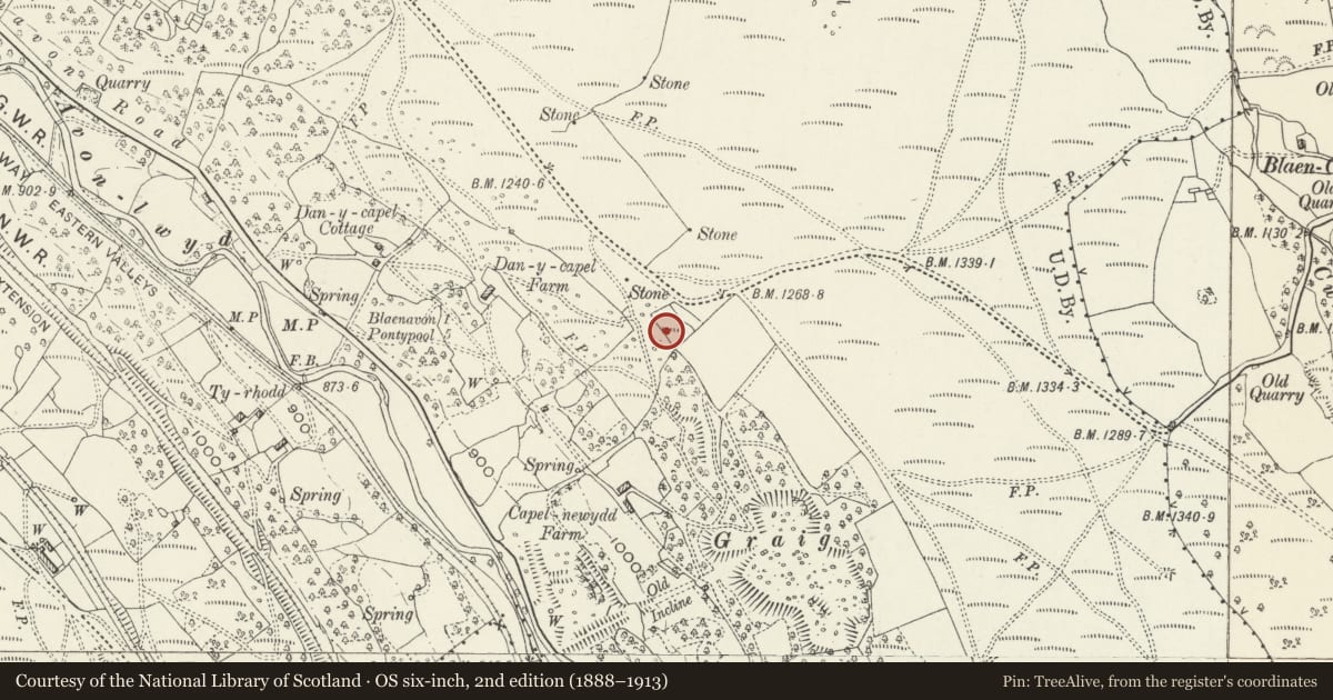 Ordnance Survey six-inch map, 2nd edition (1888–1913) covering the location of Capel Newydd, Blaenavon (site of), Torfaen, with a pin at the register's coordinates