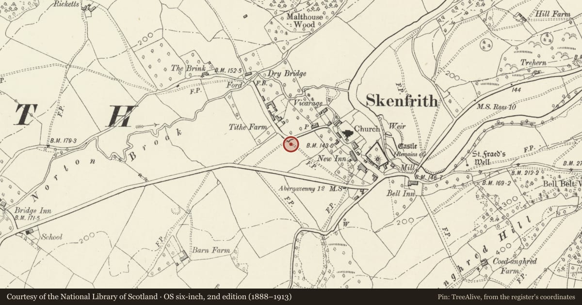Ordnance Survey six-inch map, 2nd edition (1888–1913) covering the location of Area of Deserted Medieval Settlement, Skenfrith, Llangattock-Vibon-Avel, Monmouthshire, with a pin at the register's coordinates