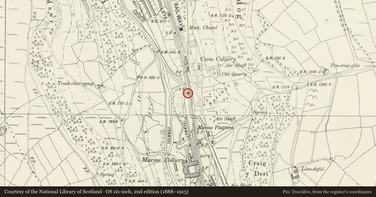 Ordnance Survey six-inch map, 2nd edition (1888–1913) covering the location of Marine Colliery Pumping Engine, Cwm, Blaenau Gwent, with a pin at the register's coordinates