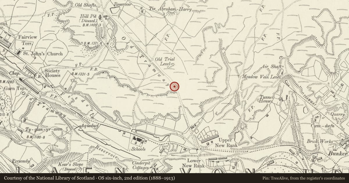 Ordnance Survey six-inch map, 2nd edition (1888–1913) covering the location of Brake Engine on Hill Pits Tramroad Incline, Blaenavon, Torfaen, with a pin at the register's coordinates