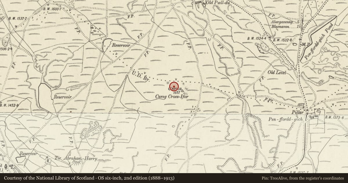 Ordnance Survey six-inch map, 2nd edition (1888–1913) covering the location of Pwll Du Tunnel, Blaenavon, Monmouthshire, with a pin at the register's coordinates