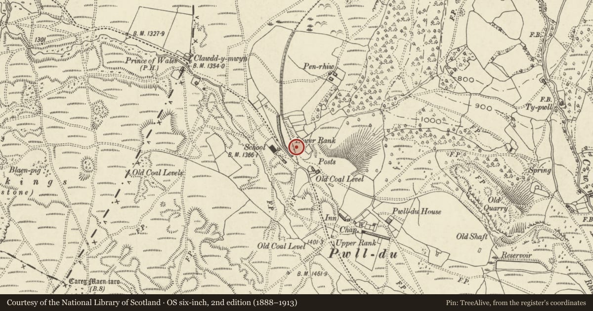 Ordnance Survey six-inch map, 2nd edition (1888–1913) covering the location of Pwll Du Village, Llanfoist Fawr, Monmouthshire, with a pin at the register's coordinates