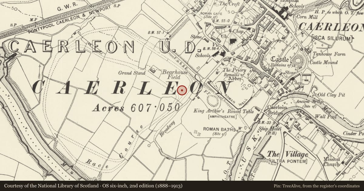 Ordnance Survey six-inch map, 2nd edition (1888–1913) covering the location of Caerleon Civil Settlement, Newport, with a pin at the register's coordinates