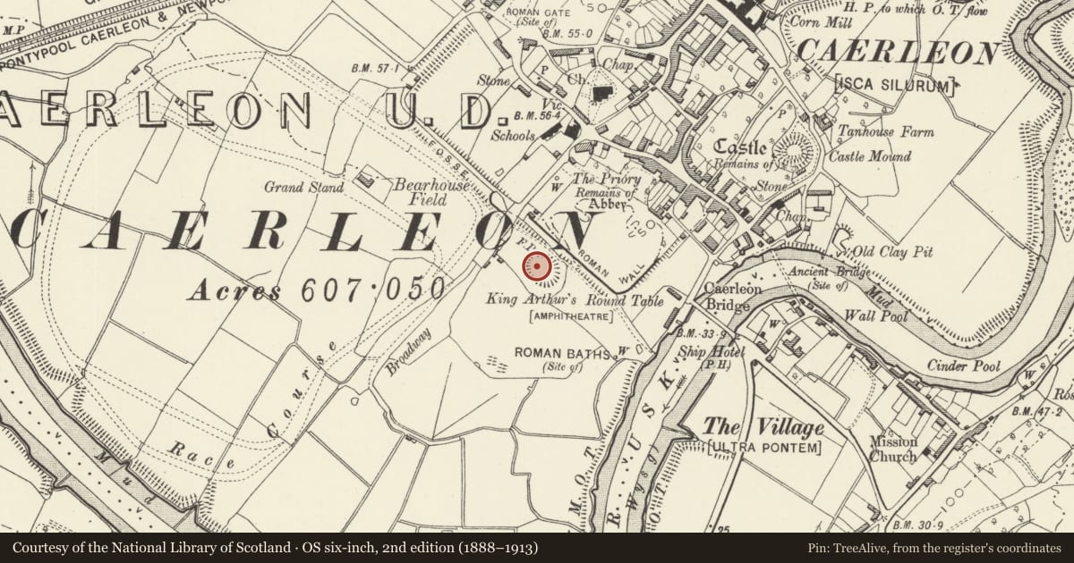 Ordnance Survey six-inch map, 2nd edition (1888–1913) covering the location of Caerleon Roman Amphitheatre, Newport, with a pin at the register's coordinates