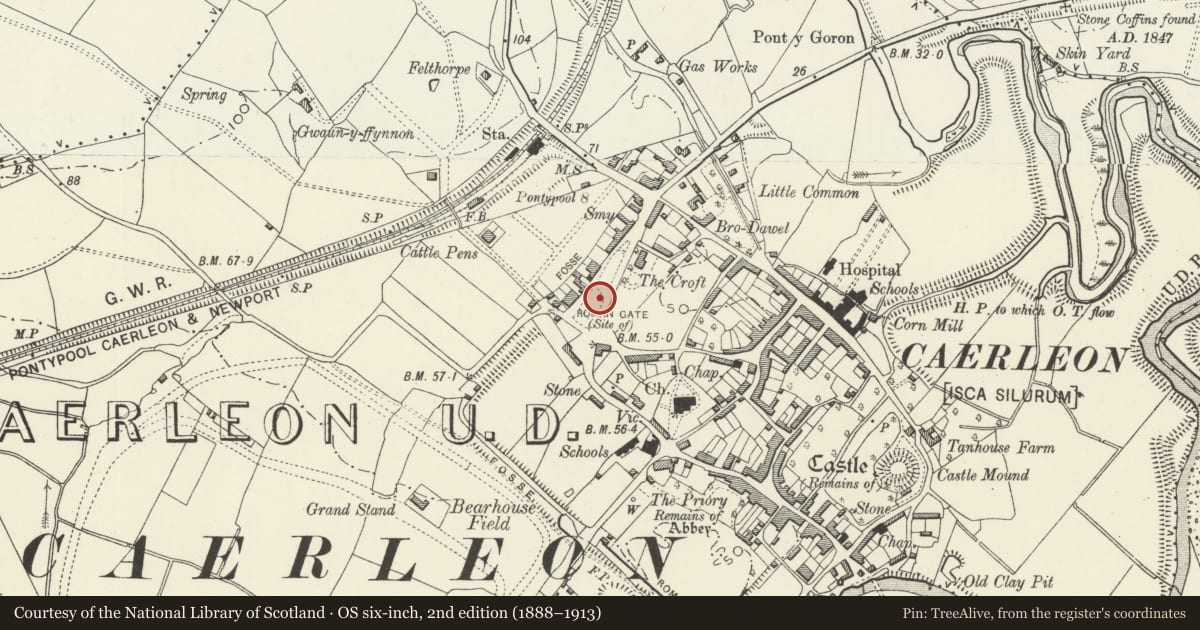 Ordnance Survey six-inch map, 2nd edition (1888–1913) covering the location of Caerleon Legionary Fortress: Goldcroft Common, Newport, with a pin at the register's coordinates