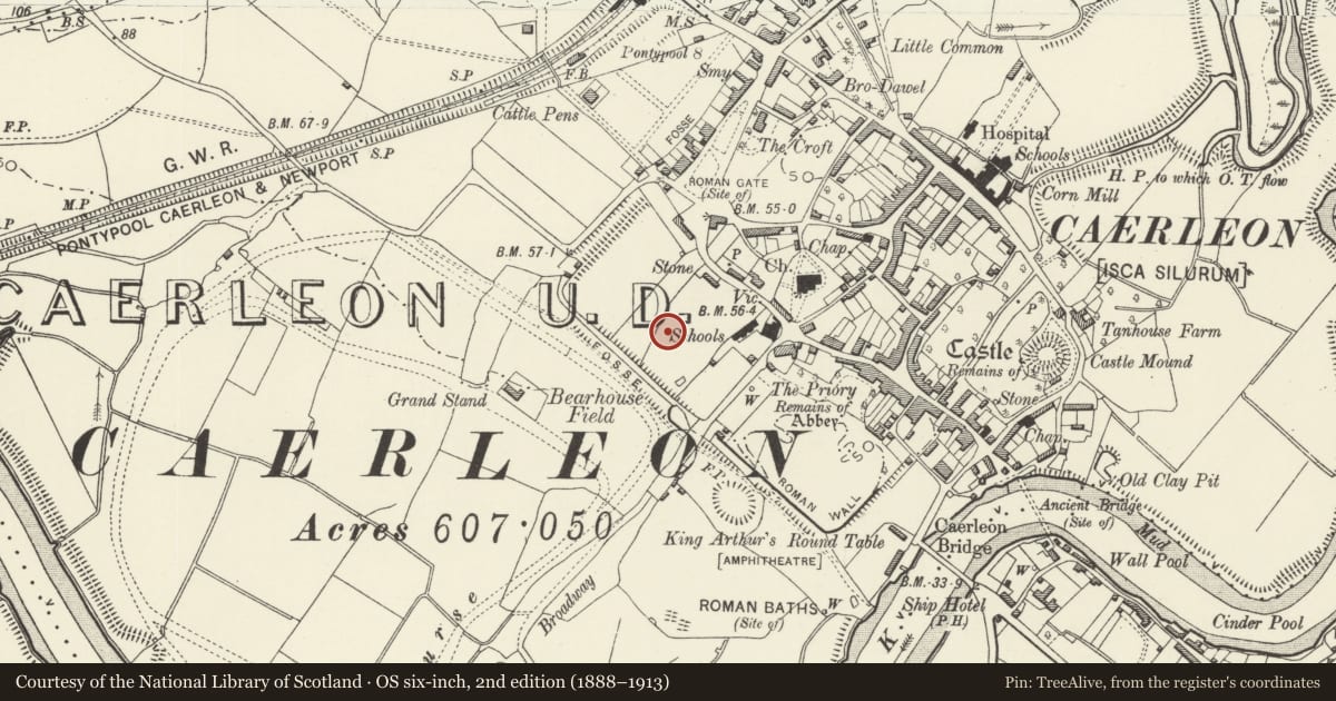 Ordnance Survey six-inch map, 2nd edition (1888–1913) covering the location of Caerleon Legionary Fortress: School Fields, Newport, with a pin at the register's coordinates