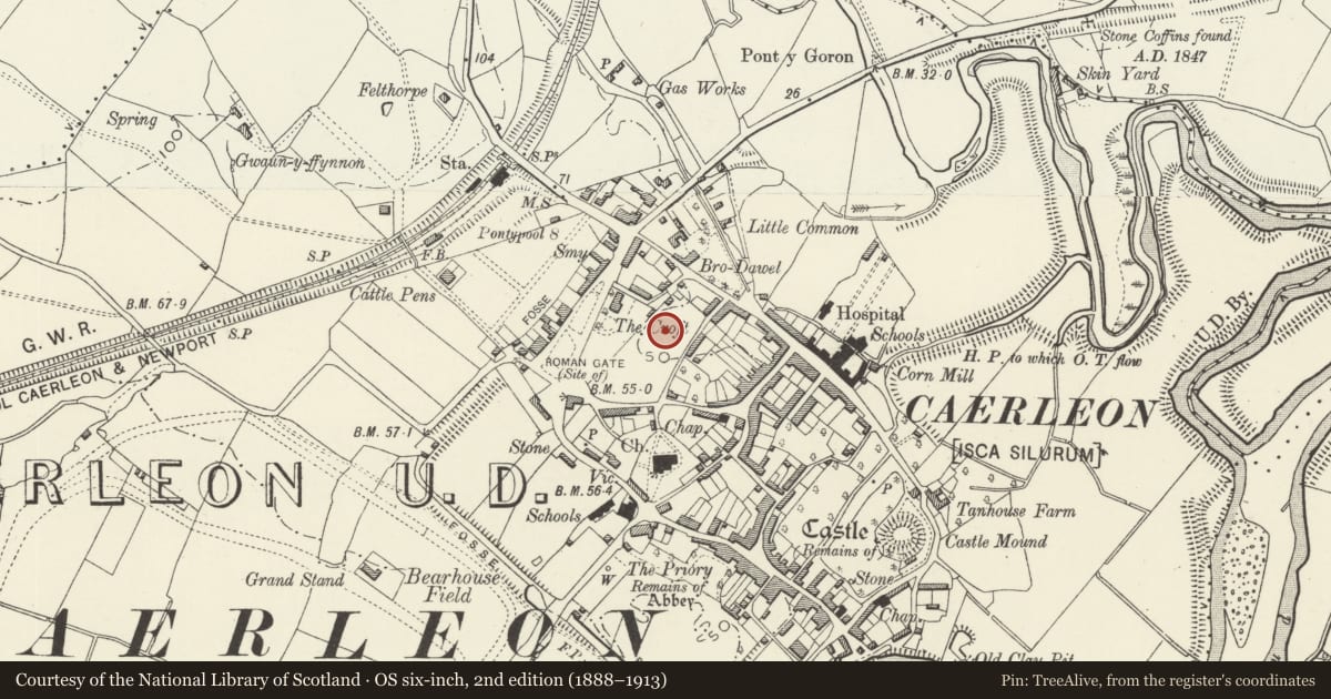 Ordnance Survey six-inch map, 2nd edition (1888–1913) covering the location of Caerleon Legionary Fortress: Grounds of St Cadoc's Home, Newport, with a pin at the register's coordinates