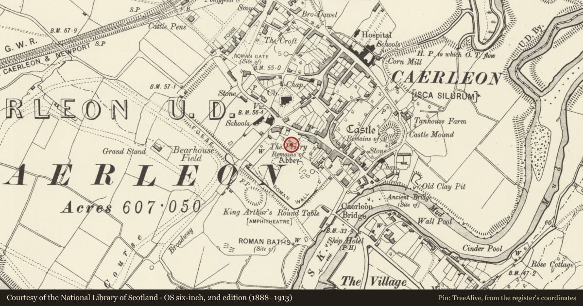 Ordnance Survey six-inch map, 2nd edition (1888–1913) covering the location of Caerleon Legionary Fortress: Area between Priory Hotel and Priory Lodge, Newport, with a pin at the register's coordinates