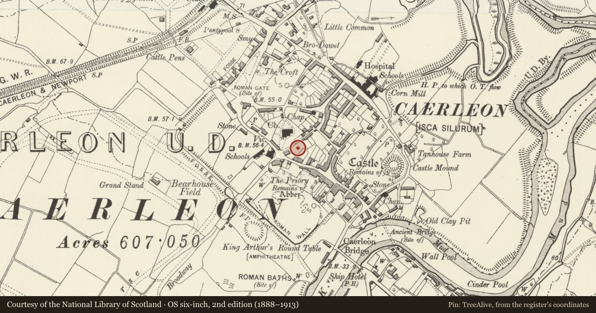 Ordnance Survey six-inch map, 2nd edition (1888–1913) covering the location of Caerleon Legionary Fortress: Grounds of Museum, Newport, with a pin at the register's coordinates