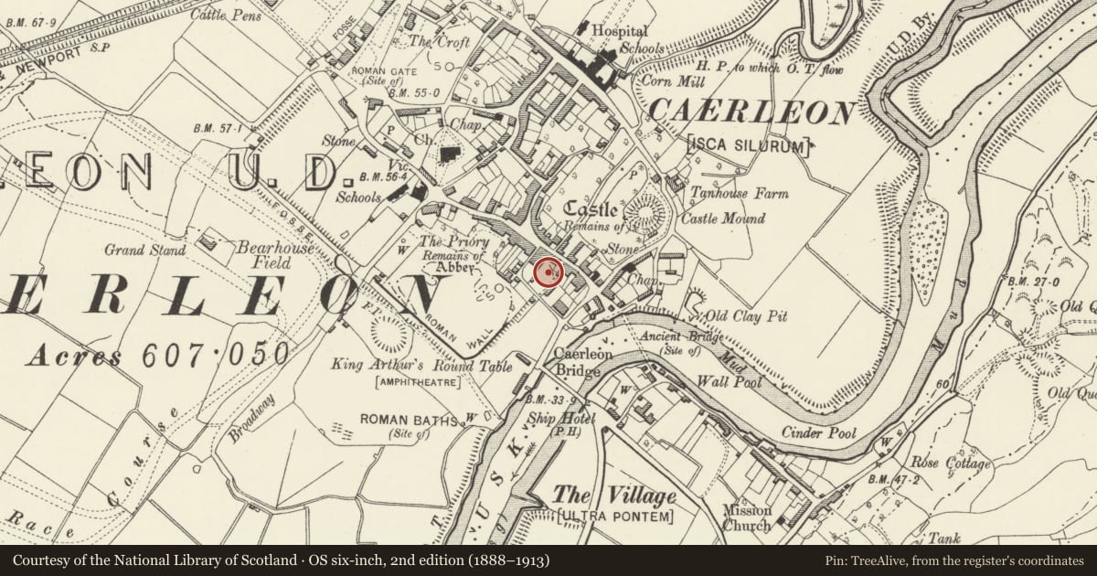 Ordnance Survey six-inch map, 2nd edition (1888–1913) covering the location of Caerleon Legionary Fortress: Area behind Caerleon House, Newport, with a pin at the register's coordinates