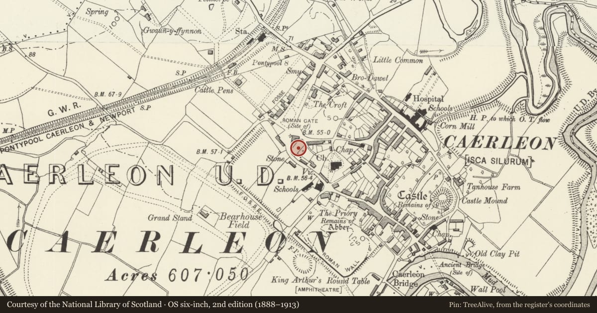 Ordnance Survey six-inch map, 2nd edition (1888–1913) covering the location of Caerleon Legionary Fortress: Town Hall Park, High Street, Newport, with a pin at the register's coordinates