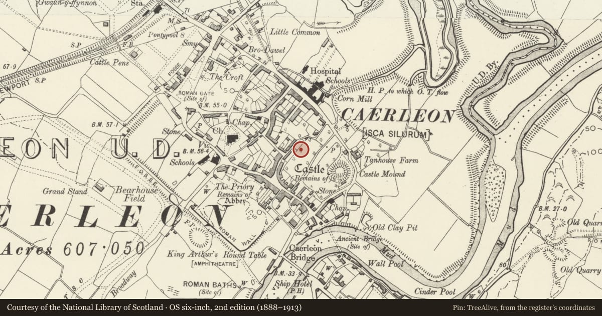 Ordnance Survey six-inch map, 2nd edition (1888–1913) covering the location of Caerleon Legionary Fortress: Area of Myrtle Cottage Barracks, Newport, with a pin at the register's coordinates