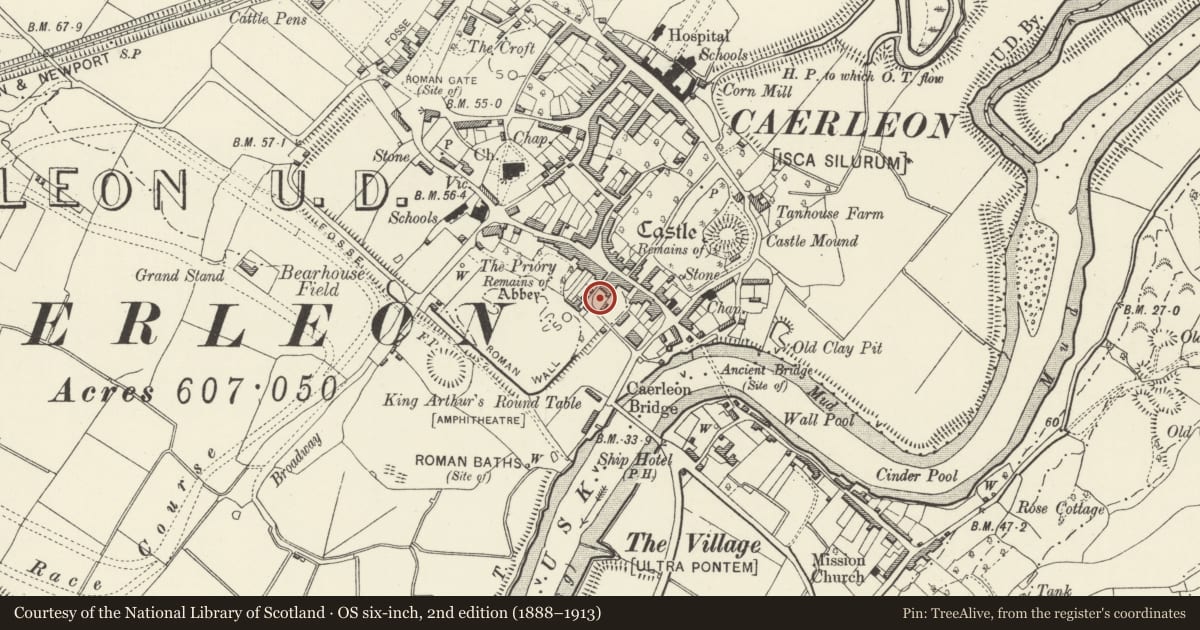 Ordnance Survey six-inch map, 2nd edition (1888–1913) covering the location of Caerleon Legionary Fortress: Area off White Hart Lane, Newport, with a pin at the register's coordinates