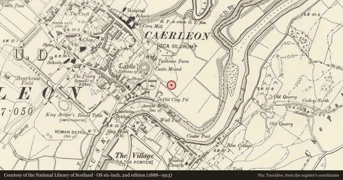 Ordnance Survey six-inch map, 2nd edition (1888–1913) covering the location of Caerleon Civil Settlement: Site of Roman Building SE of Castle Street, Newport, with a pin at the register's coordinates