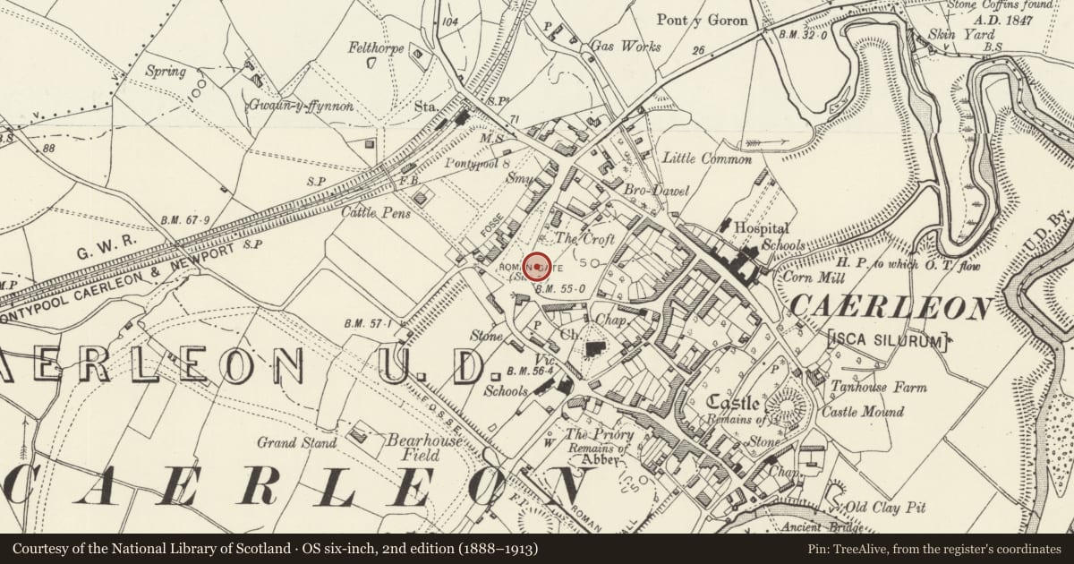 Ordnance Survey six-inch map, 2nd edition (1888–1913) covering the location of Caerleon Legionary Fortress: Grounds of Health Clinic, Newport, with a pin at the register's coordinates