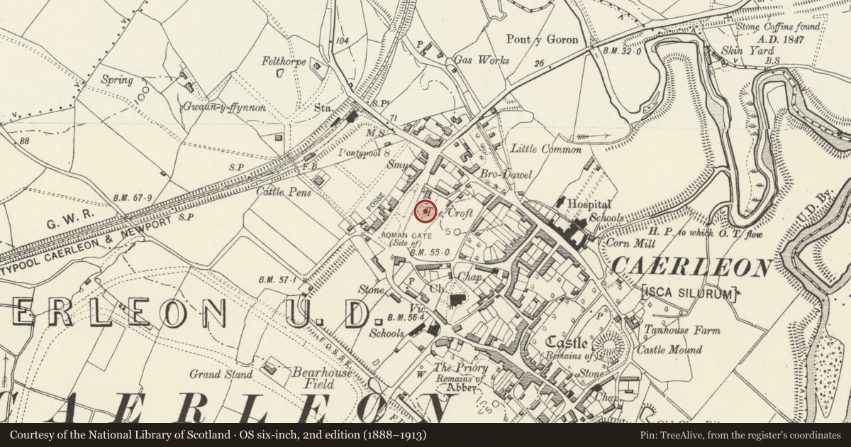 Ordnance Survey six-inch map, 2nd edition (1888–1913) covering the location of Caerleon Legionary Fortress: Grounds of the Croft Nursing Home, Newport, with a pin at the register's coordinates