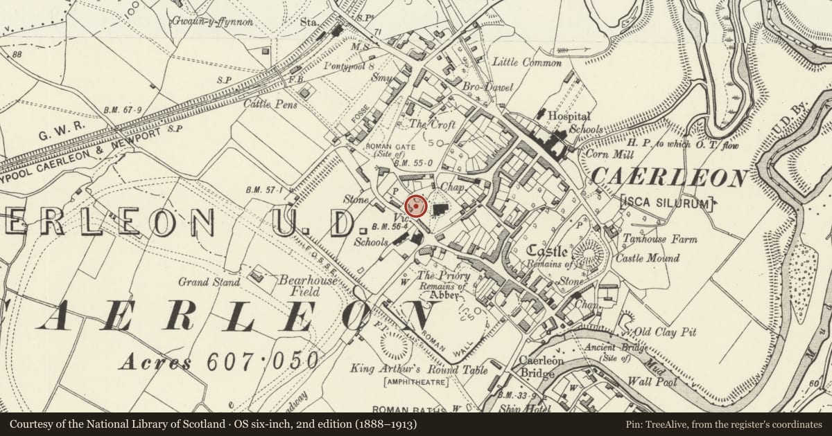 Ordnance Survey six-inch map, 2nd edition (1888–1913) covering the location of Caerleon Legionary Fortress: Old Vicarage Garden, Newport, with a pin at the register's coordinates