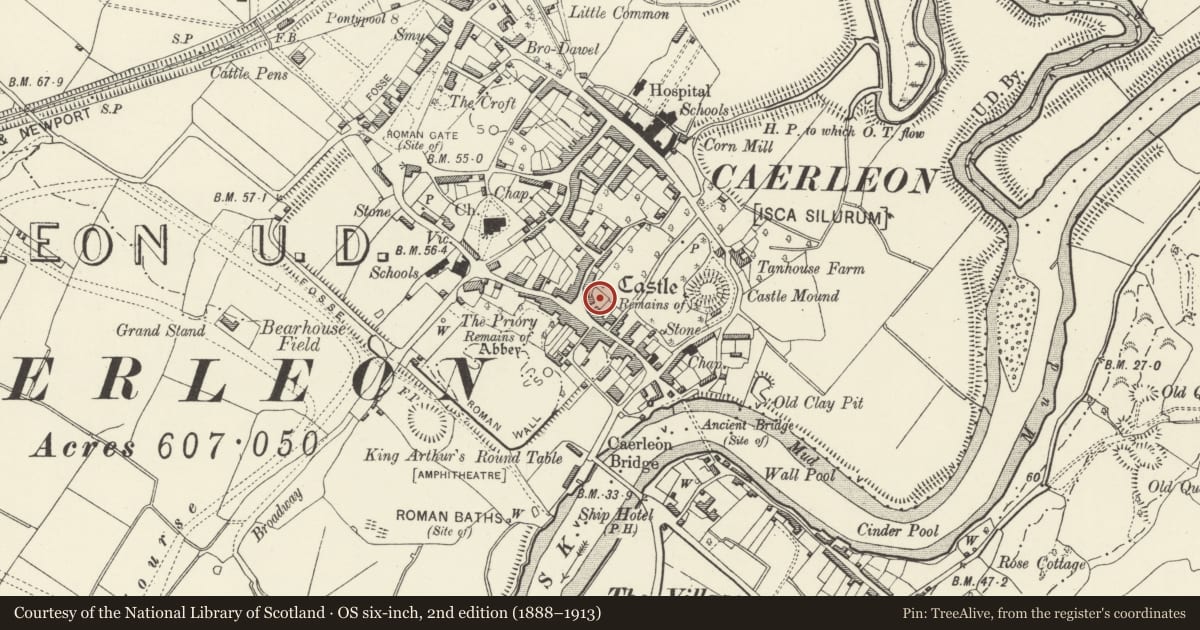 Ordnance Survey six-inch map, 2nd edition (1888–1913) covering the location of Caerleon Legionary Fortress: Former Garden of The Firs, Newport, with a pin at the register's coordinates