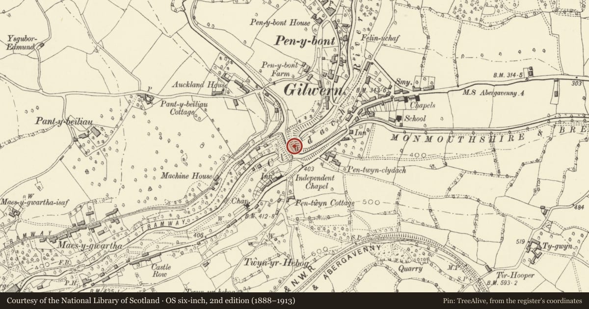 Ordnance Survey six-inch map, 2nd edition (1888–1913) covering the location of Gilwern Embankment, Llanelly, Monmouthshire, with a pin at the register's coordinates