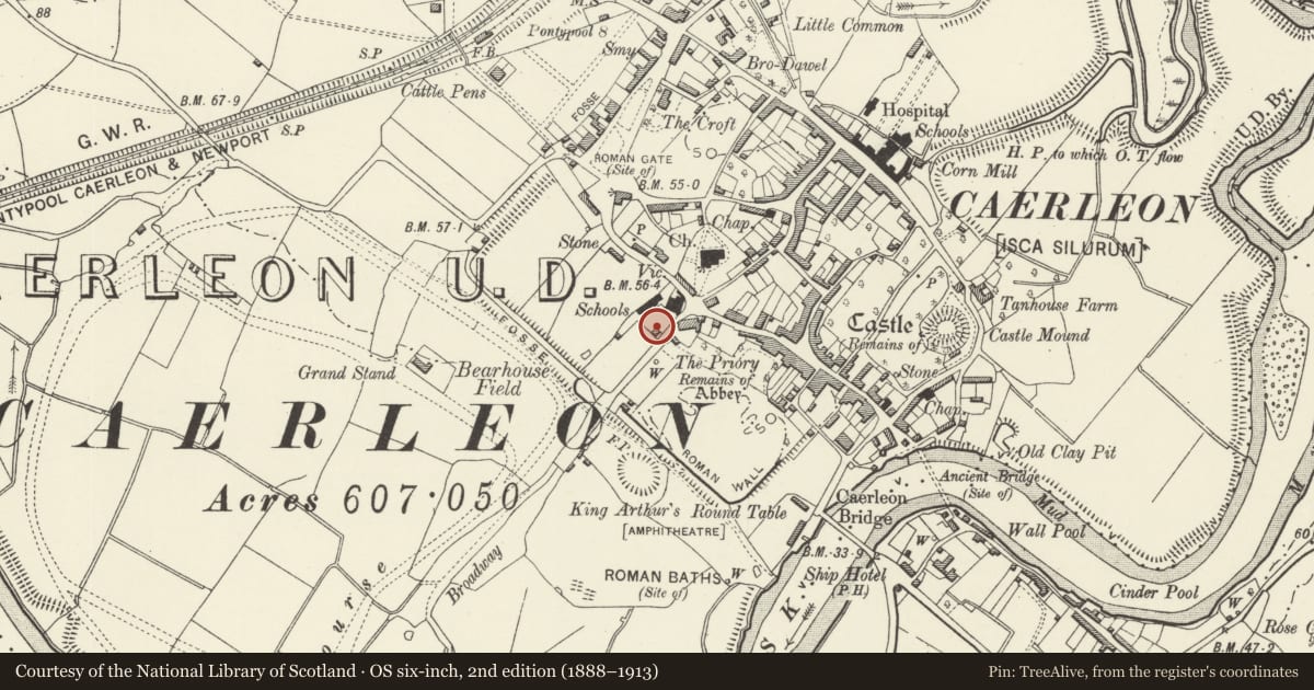 Ordnance Survey six-inch map, 2nd edition (1888–1913) covering the location of Caerleon Legionary Fortress: Car Park and Garden of Endowed School, North of Broadway, Newport, with a pin at the register's coordinates