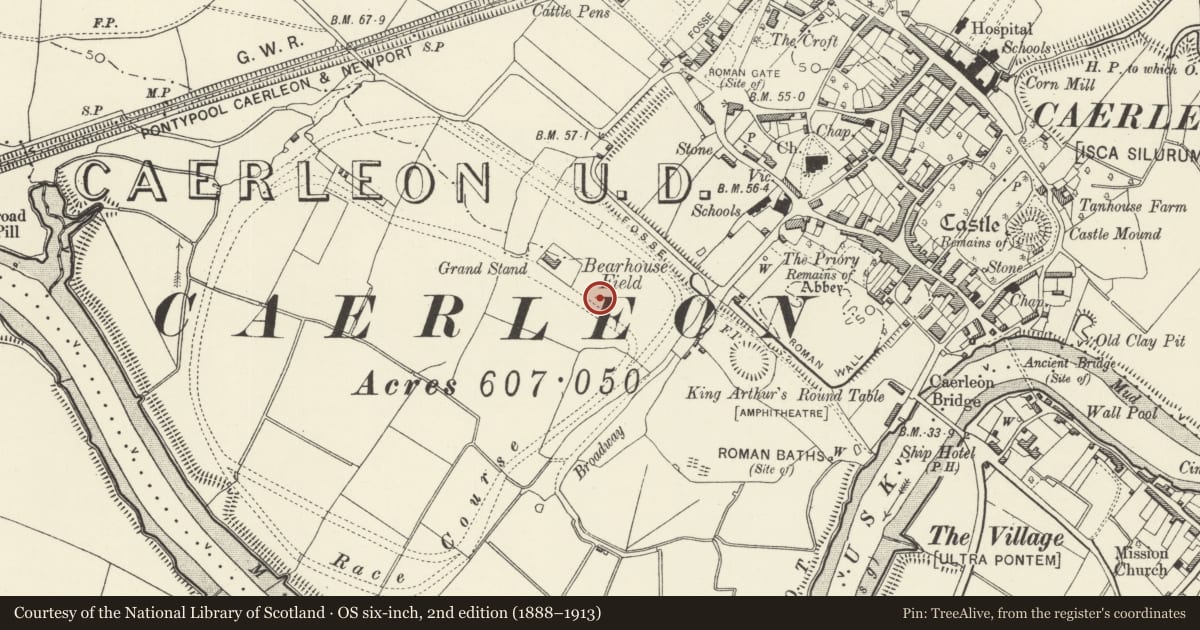 Ordnance Survey six-inch map, 2nd edition (1888–1913) covering the location of Caerleon Civil Settlement: Area under Broadway Playing Fields, Newport, with a pin at the register's coordinates