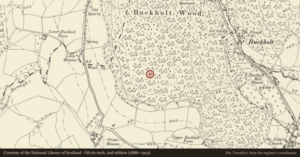 Ordnance Survey six-inch map, 2nd edition (1888–1913) covering the location of Buckholt Wood Hilltop Enclosure, Monmouth, Monmouthshire, with a pin at the register's coordinates