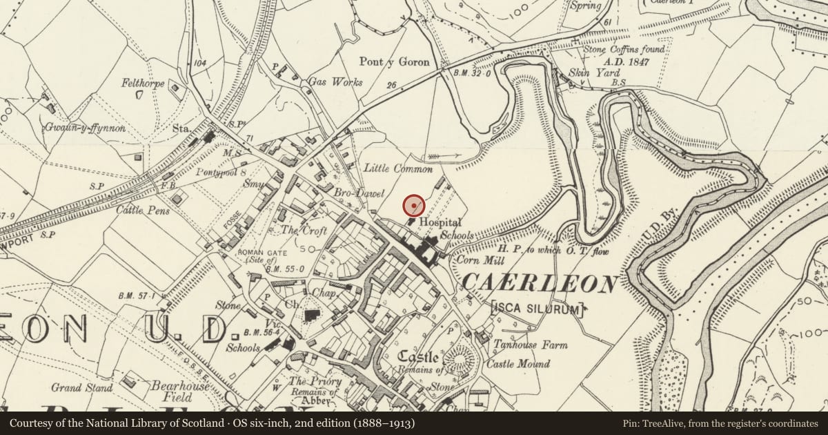 Ordnance Survey six-inch map, 2nd edition (1888–1913) covering the location of Caerleon Legionary Fortress: Former Ambulance Station Field, Newport, with a pin at the register's coordinates
