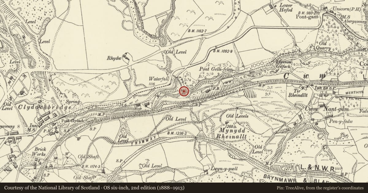 Ordnance Survey six-inch map, 2nd edition (1888–1913) covering the location of Clydach Railroad Section near Brynmawr, Blaenau Gwent, with a pin at the register's coordinates