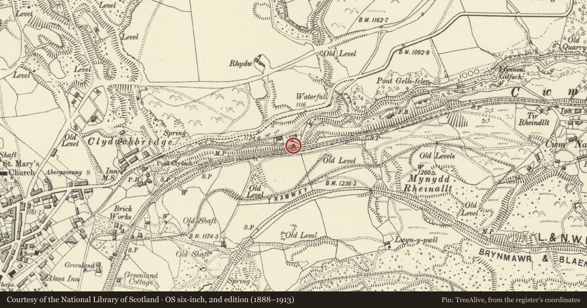 Ordnance Survey six-inch map, 2nd edition (1888–1913) covering the location of Clydach Coal Level, Brynmawr, Blaenau Gwent, with a pin at the register's coordinates