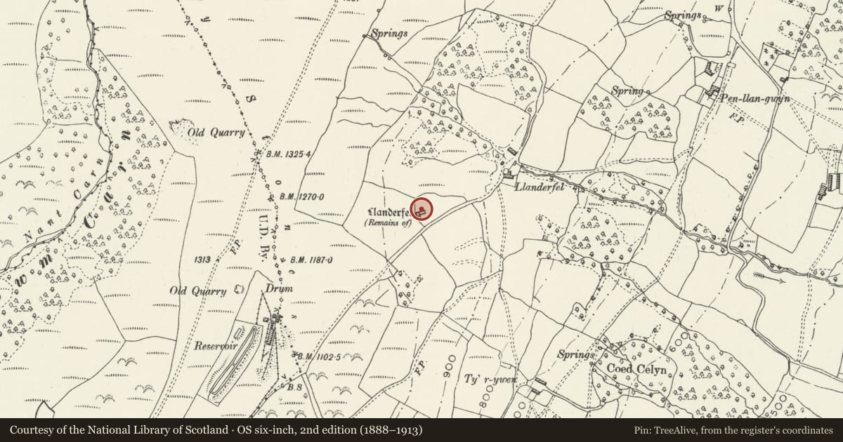 Ordnance Survey six-inch map, 2nd edition (1888–1913) covering the location of Llanderfel Church, Fairwater, Torfaen, with a pin at the register's coordinates