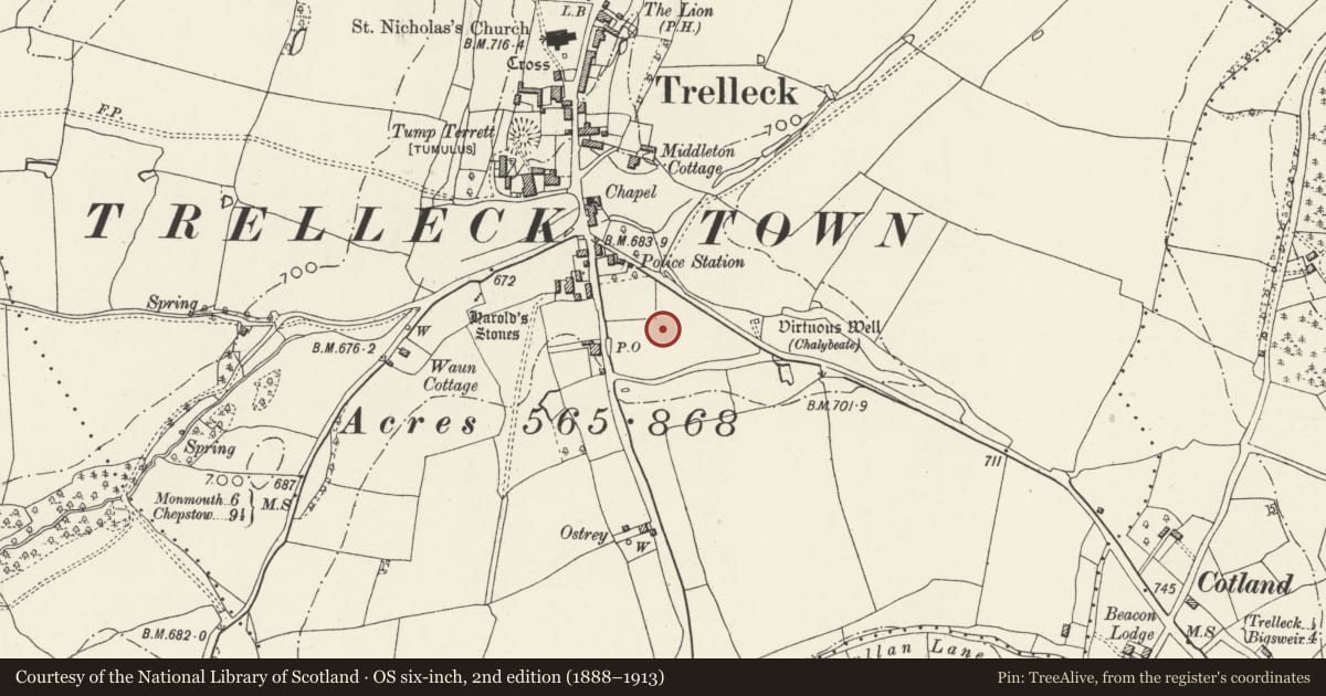 Ordnance Survey six-inch map, 2nd edition (1888–1913) covering the location of Trellech Shrunken Medieval Village, Trellech United, Monmouthshire, with a pin at the register's coordinates