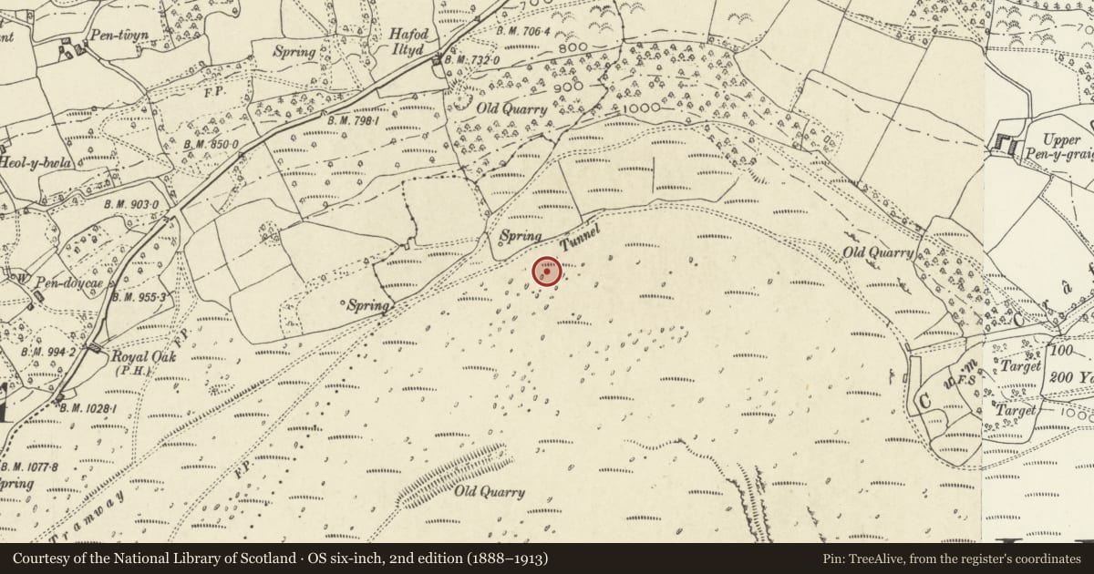 Ordnance Survey six-inch map, 2nd edition (1888–1913) covering the location of Blorenge Tunnel, Hill's Tramroad, Llanfoist Fawr, Monmouthshire, with a pin at the register's coordinates