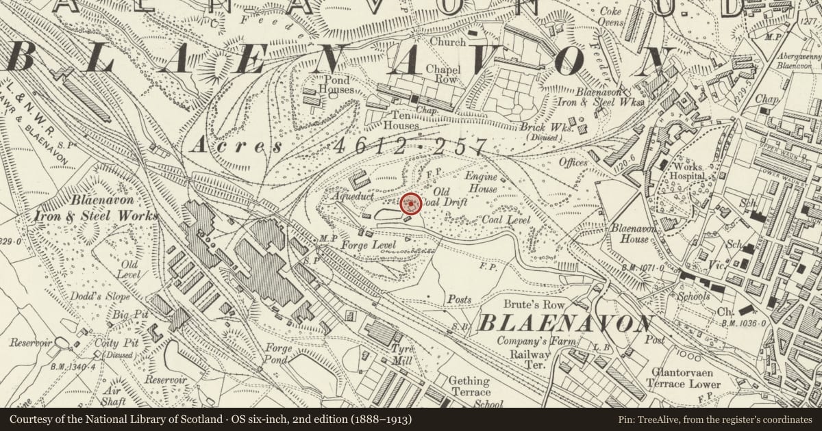 Ordnance Survey six-inch map, 2nd edition (1888–1913) covering the location of Engine Pit, Blaenavon, Torfaen, with a pin at the register's coordinates