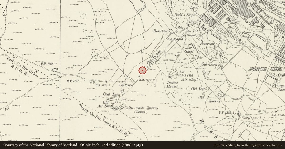Ordnance Survey six-inch map, 2nd edition (1888–1913) covering the location of Coity Sandstone Quarry and Incline, Blaenavon, Torfaen, with a pin at the register's coordinates