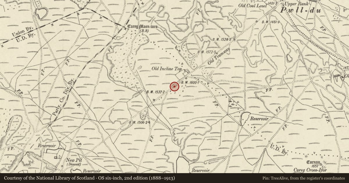 Ordnance Survey six-inch map, 2nd edition (1888–1913) covering the location of Dyne Steel Incline, Blaenavon, Monmouthshire, with a pin at the register's coordinates