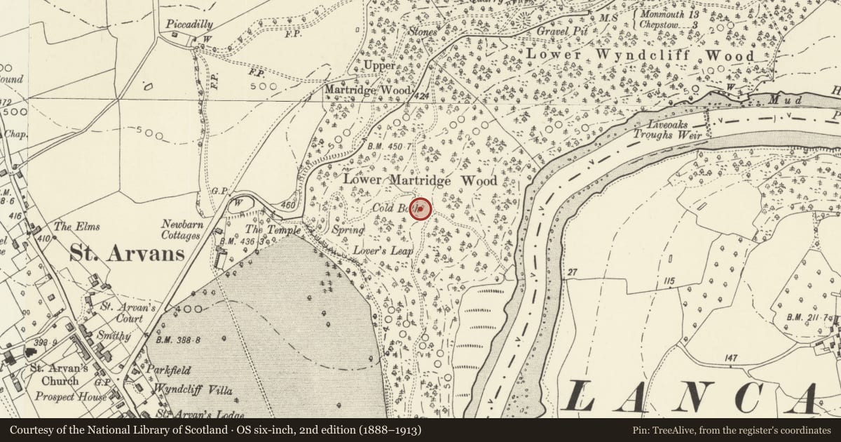 Ordnance Survey six-inch map, 2nd edition (1888–1913) covering the location of The Cold Bath: Piercefield, St. Arvans, Monmouthshire, with a pin at the register's coordinates