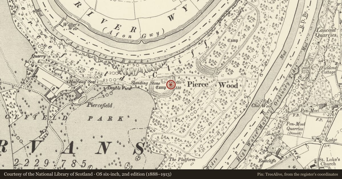 Ordnance Survey six-inch map, 2nd edition (1888–1913) covering the location of The Grotto, Piercefield, St. Arvans, Monmouthshire, with a pin at the register's coordinates