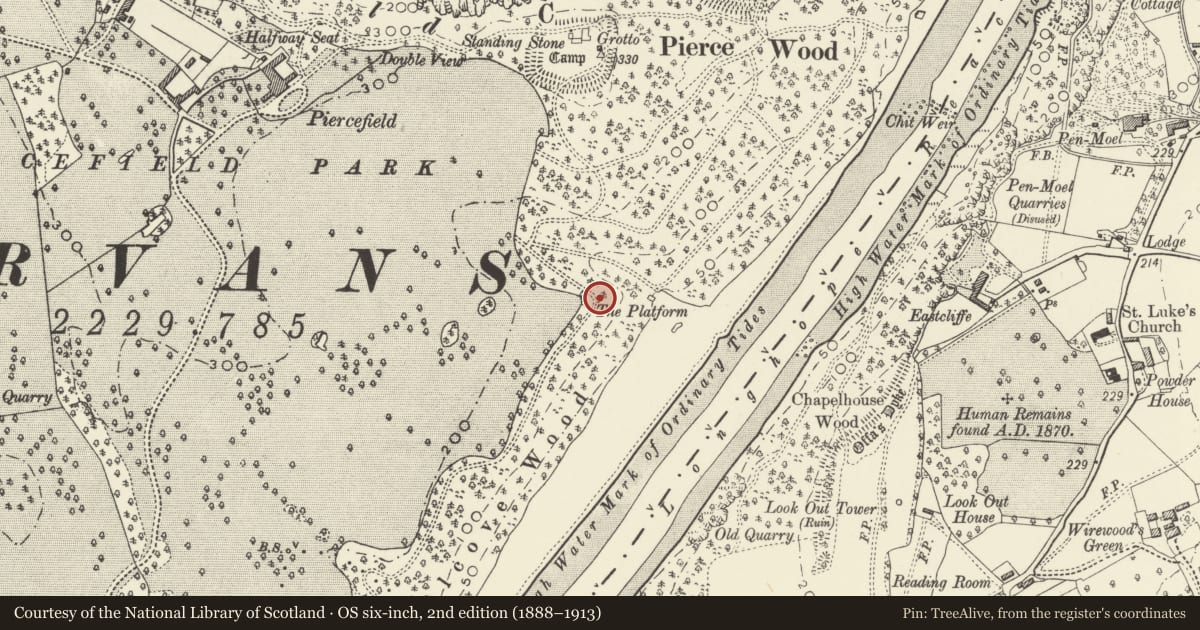 Ordnance Survey six-inch map, 2nd edition (1888–1913) covering the location of The Platform, Piercefield, St. Arvans, Monmouthshire, with a pin at the register's coordinates