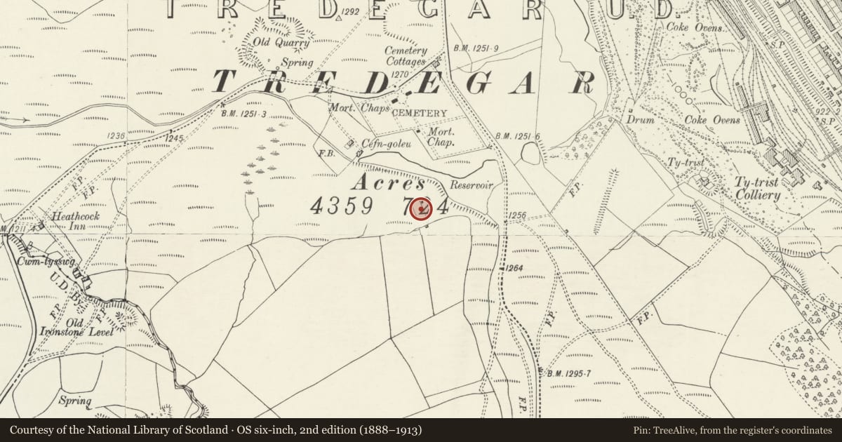 Ordnance Survey six-inch map, 2nd edition (1888–1913) covering the location of Tredegar Ironworks Cholera Cemetery, Blaenau Gwent, with a pin at the register's coordinates