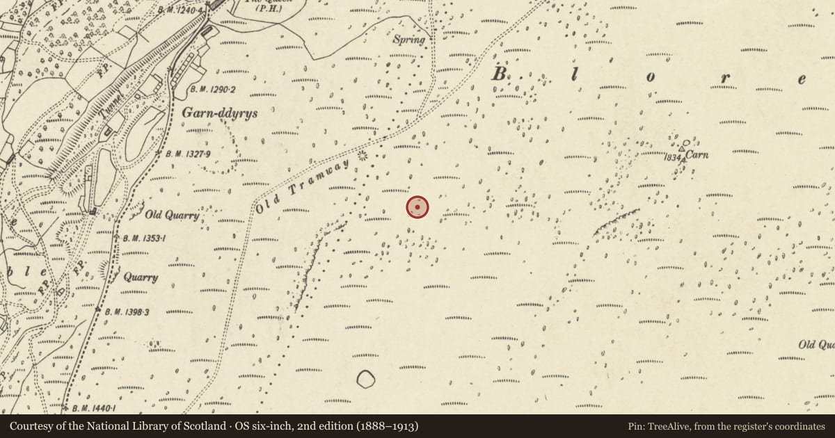 Ordnance Survey six-inch map, 2nd edition (1888–1913) covering the location of Blorenge Quarries Tramroad, Llanfoist Fawr, Monmouthshire, with a pin at the register's coordinates