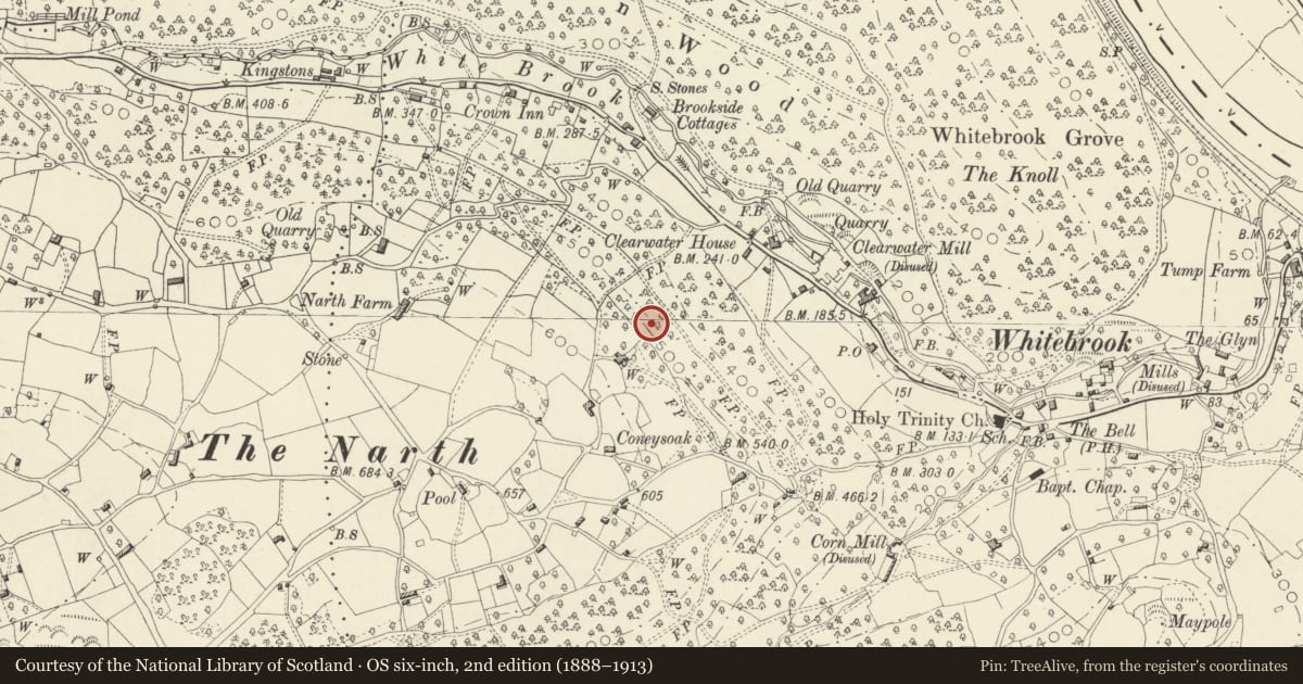 Ordnance Survey six-inch map, 2nd edition (1888–1913) covering the location of Whitebrook Wireworks Leat, Trellech United, Monmouthshire, with a pin at the register's coordinates