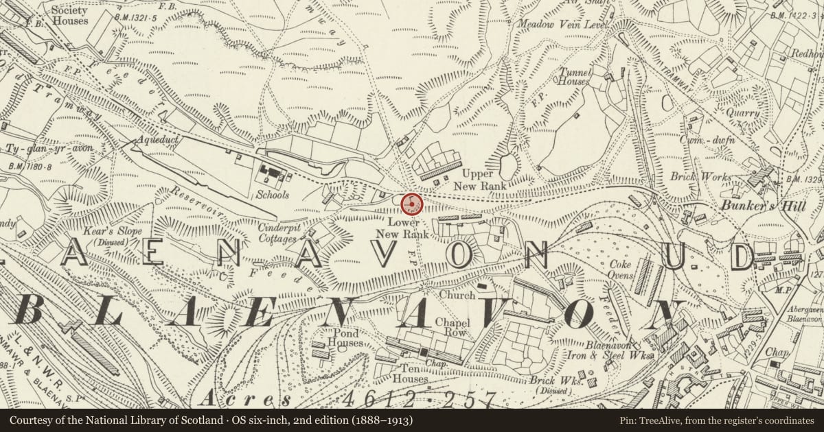 Ordnance Survey six-inch map, 2nd edition (1888–1913) covering the location of Old Coal Pits, Blaenavon, Torfaen, with a pin at the register's coordinates